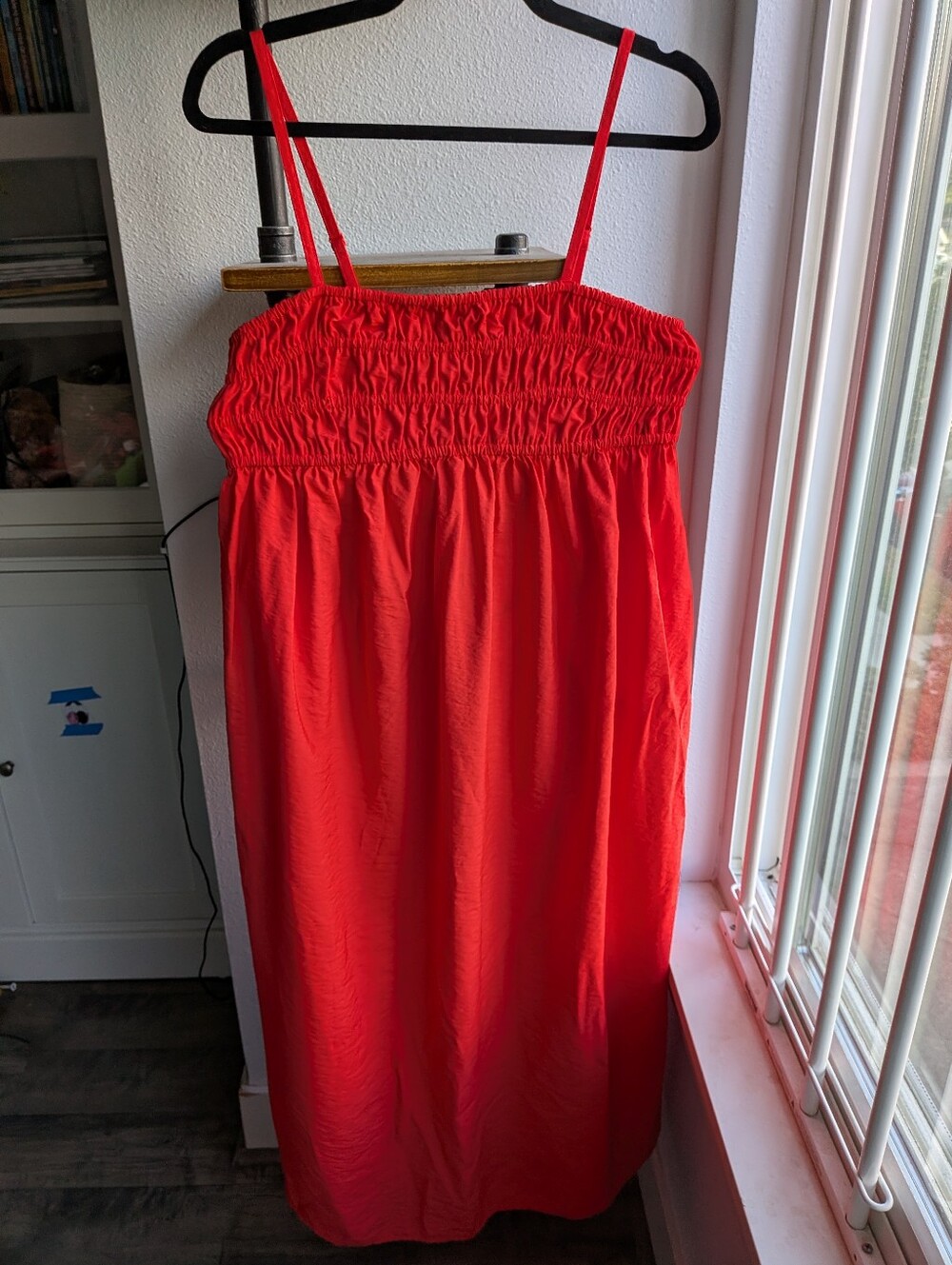 A New Day Red Smocked Midi Dress Medium Spaghetti Strap Sundress with Pockets